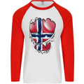 Gym Norwegian Flag Ripped Muscles Norway Mens L/S Baseball T-Shirt White/Red