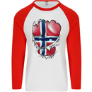Gym Norwegian Flag Ripped Muscles Norway Mens L/S Baseball T-Shirt White/Red