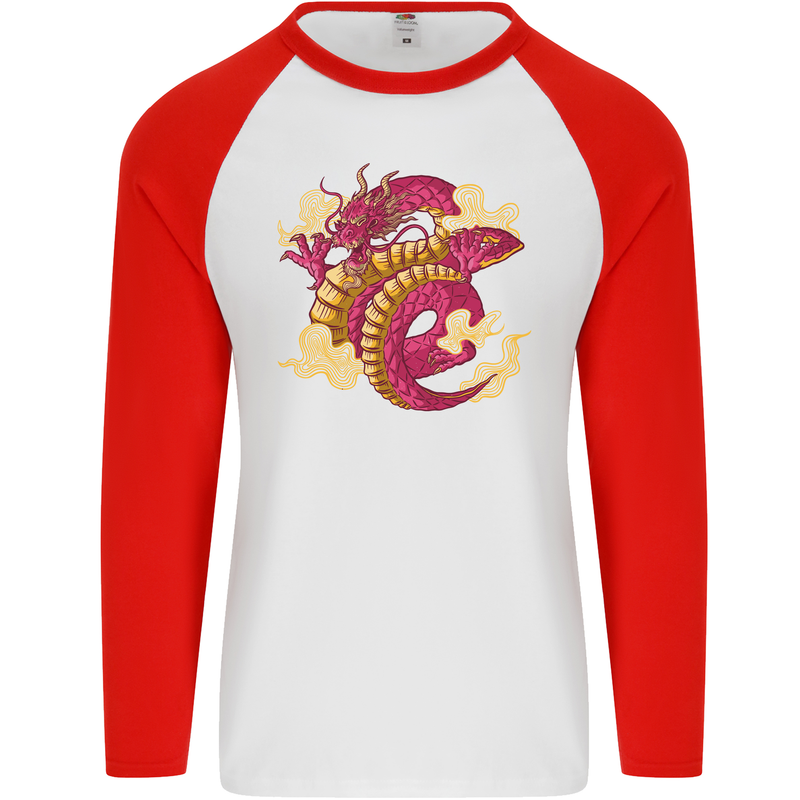 A Chinese Dragon Mens L/S Baseball T-Shirt White/Red