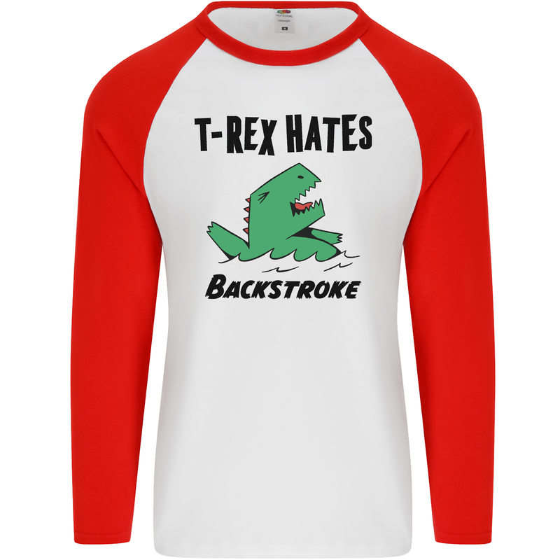 T-Rex Hates Backstroke Funny Swimming Swim Mens L/S Baseball T-Shirt White/Red