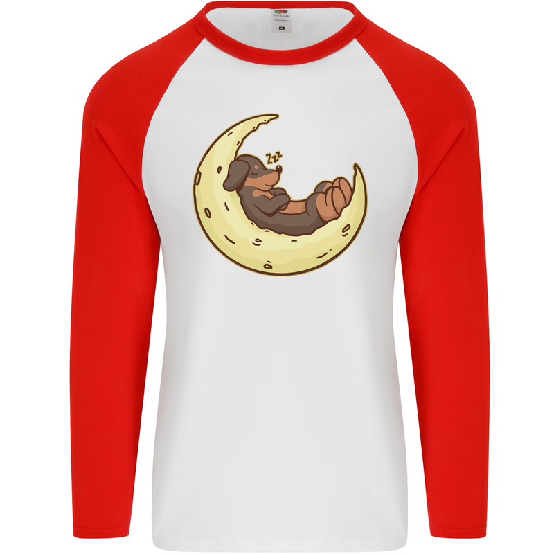 Dachshund Dog Moon Mens L/S Baseball T-Shirt White/Red