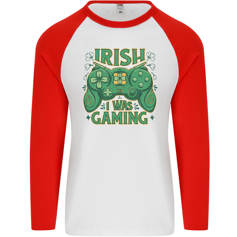 Irish I Was Gaming St Patricks Day Gamer Mens L/S Baseball T-Shirt White/Red