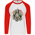 Skeleton Unicorn Skull Heavy Metal Rock Mens L/S Baseball T-Shirt White/Red