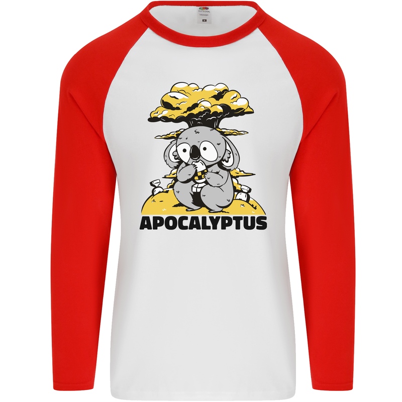 Apocalyptus Koala Bear Climate Change Armageddon Mens L/S Baseball T-Shirt White/Red