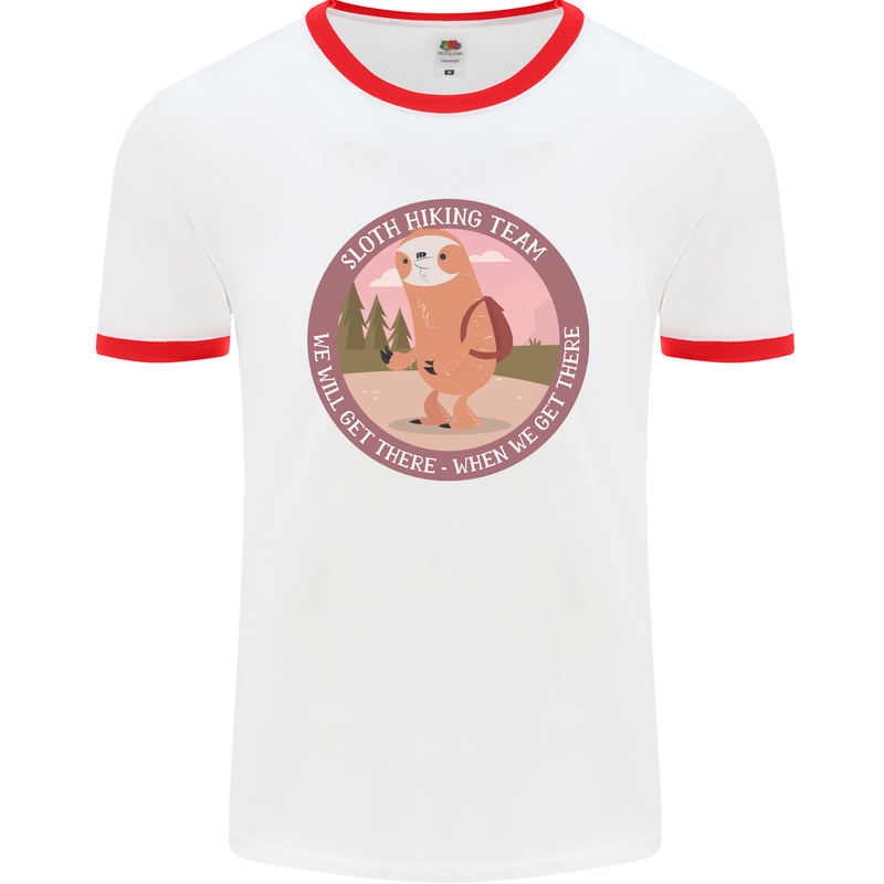 Sloth Hiking Team Funny Trekking Walking Mens Ringer T-Shirt White/Red