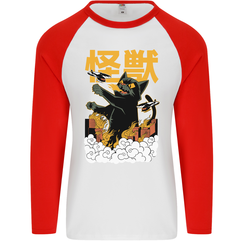 Catzilla Funny Cat Monster Parody Mens L/S Baseball T-Shirt White/Red