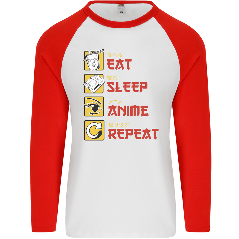 Eat Sleep Anime Repeat Mens L/S Baseball T-Shirt White/Red