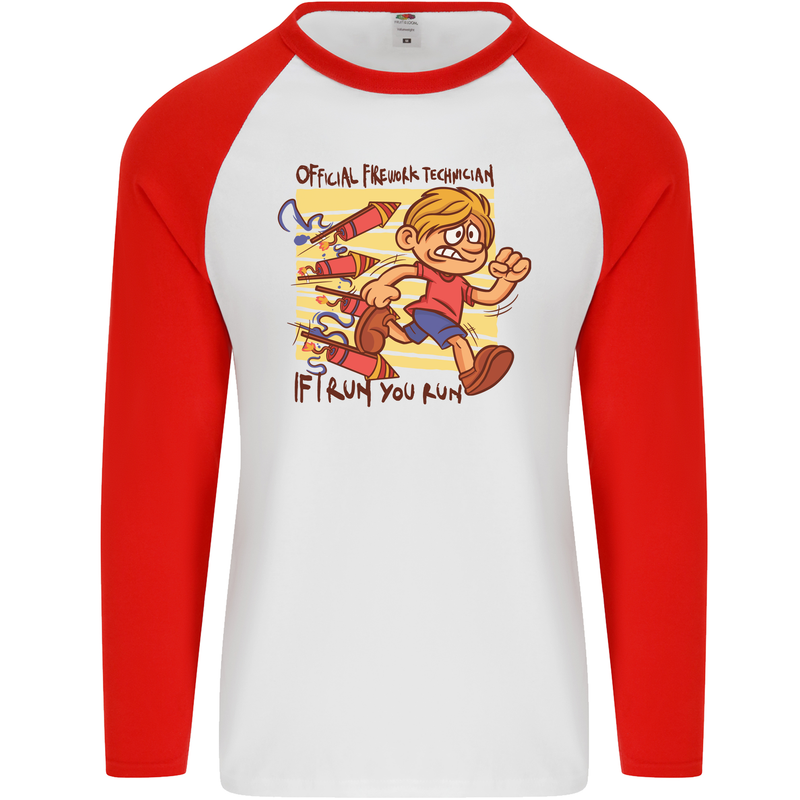 Funny Firework Bonfire Night Guy Fawkes Mens L/S Baseball T-Shirt White/Red