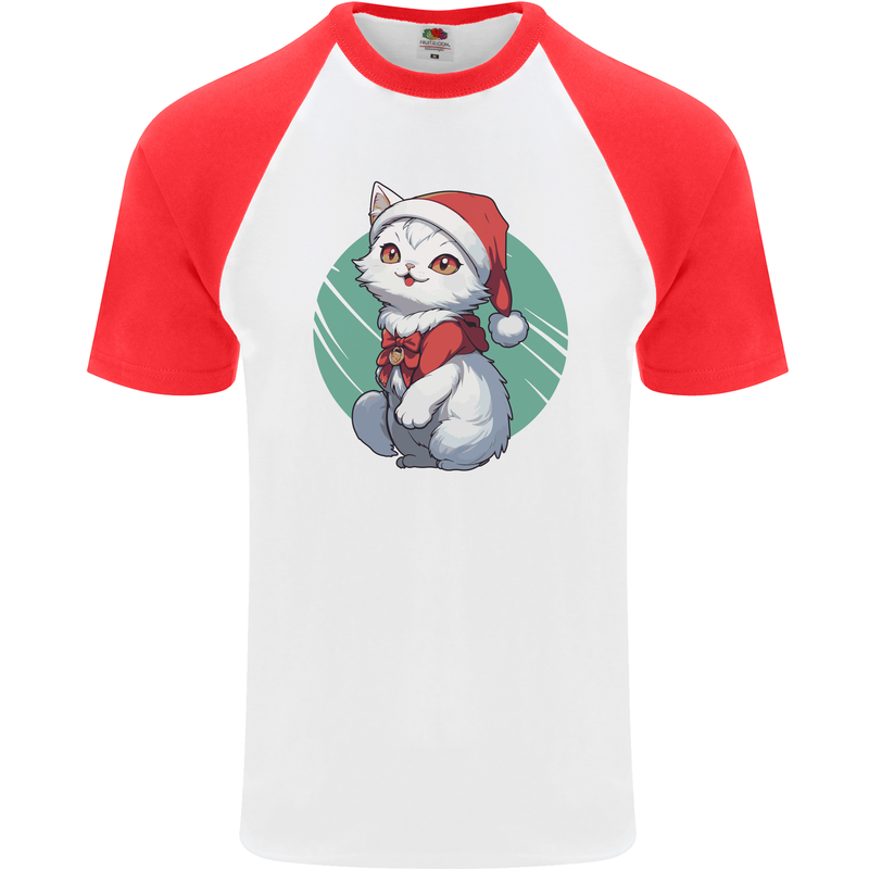 Christmas Cat With Green Background Mens S/S Baseball T-Shirt White/Red