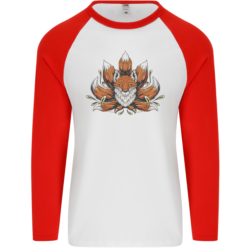 A Trippy Fox With Seven Tails Mens L/S Baseball T-Shirt White/Red