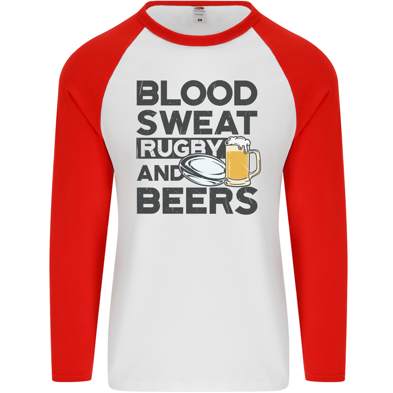 Blood Sweat Rugby and Beers Funny Mens L/S Baseball T-Shirt White/Red