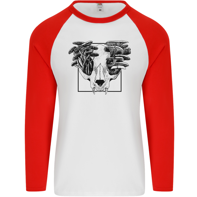 Mushroom Alien Skull Mens L/S Baseball T-Shirt White/Red