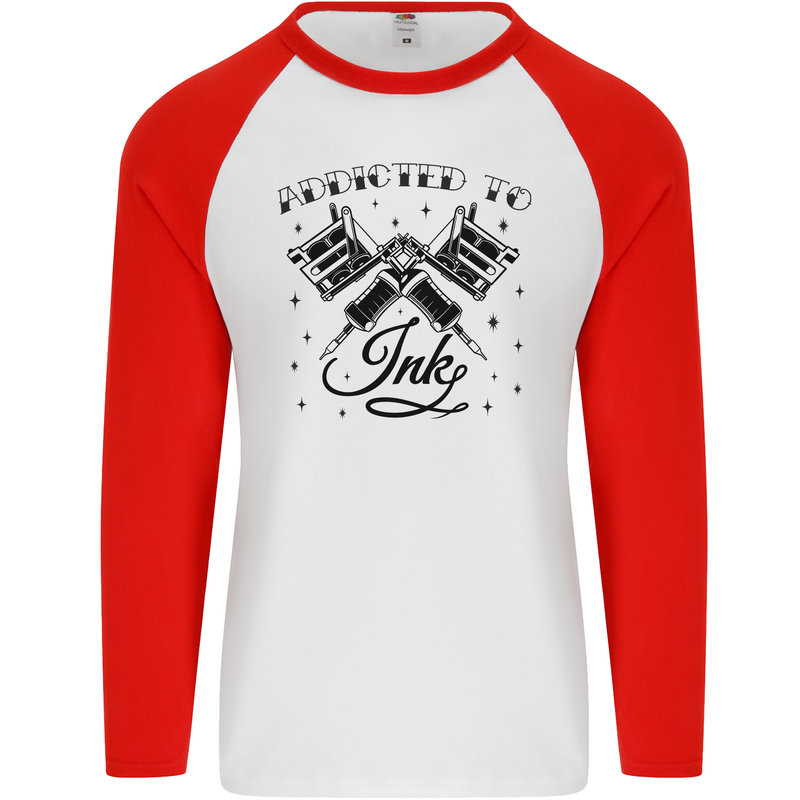 Addicted to Ink Tattoo Artist Mens L/S Baseball T-Shirt White/Red
