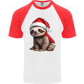 A Cute Christmas Sloth With Xmas Hat on Mens S/S Baseball T-Shirt White/Red