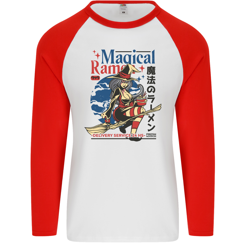 Magical Ramen Noodles Witch Halloween Mens L/S Baseball T-Shirt White/Red