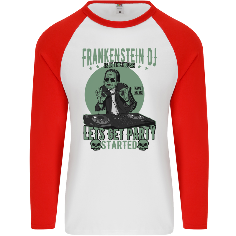 DJ Frankenstein Funny Music Vinyl Halloween Mens L/S Baseball T-Shirt White/Red