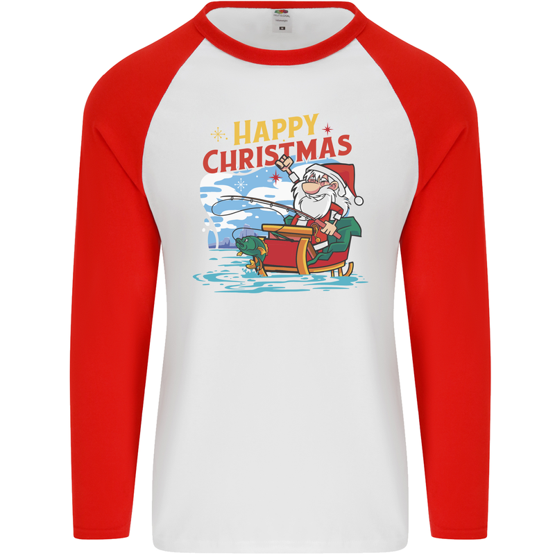 Santa Clause Fishing Funny Christmas Mens L/S Baseball T-Shirt White/Red