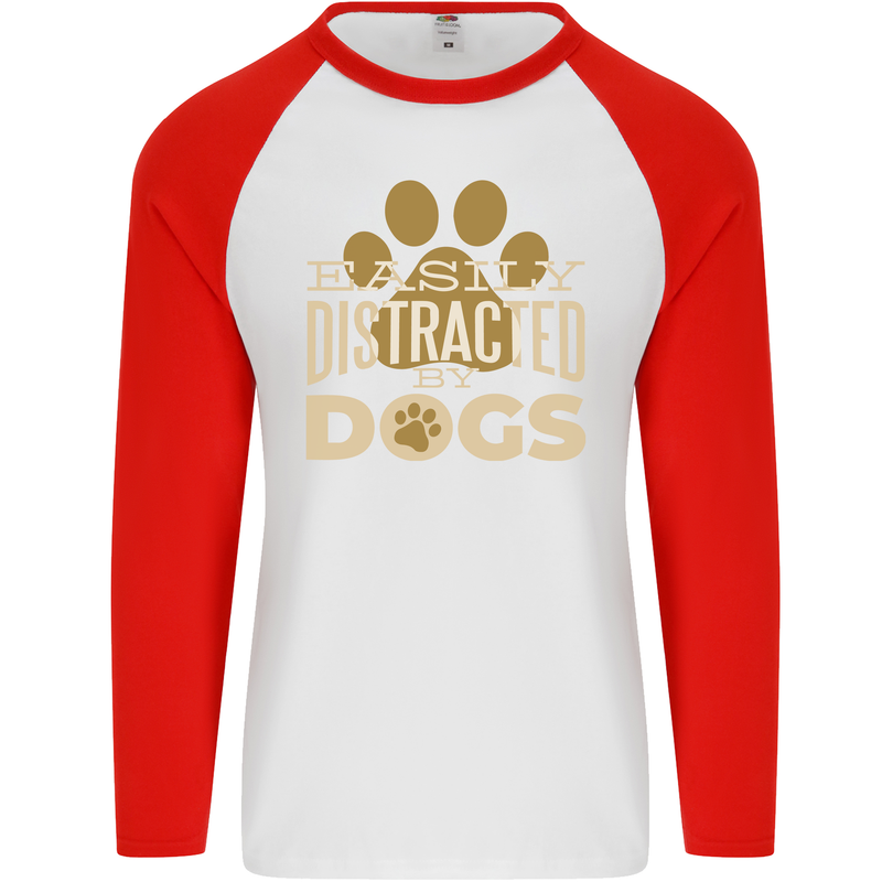 Easily Distracted By Dogs Funny ADHD Mens L/S Baseball T-Shirt White/Red