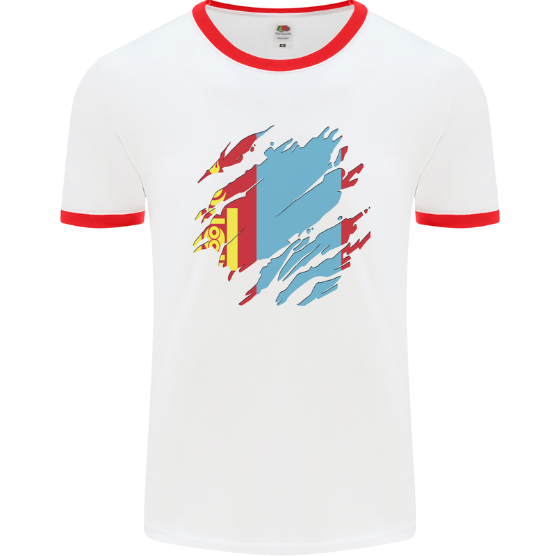 Torn Mongolia Flag Mongolian Day Football Mens Ringer T-Shirt White/Red