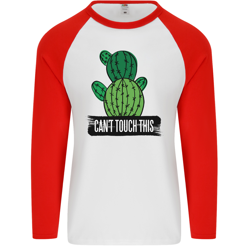 Cactus Can't Touch This Funny Gardening Mens L/S Baseball T-Shirt White/Red