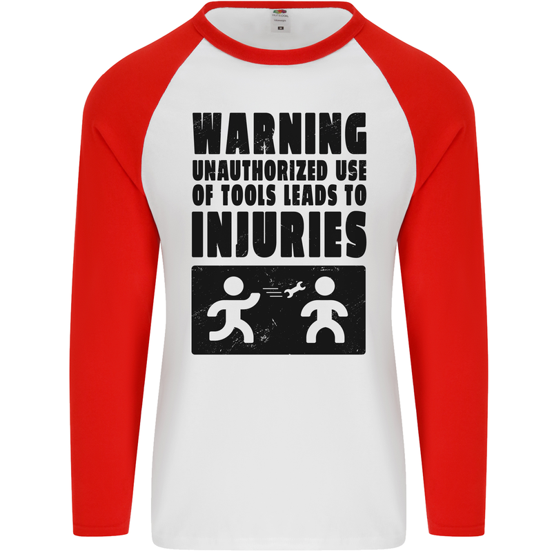 Warning Tools DIY Tradesman Carpenter Mens L/S Baseball T-Shirt White/Red