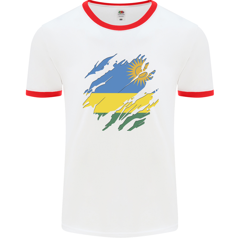 Torn Rwanda Flag Rwandan Day Football Mens Ringer T-Shirt White/Red