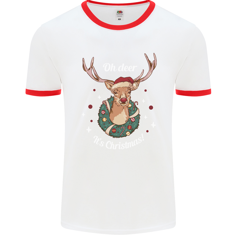 Oh Deer Its Christmas Funny Hunting Hunter Xmas Mens Ringer T-Shirt White/Red