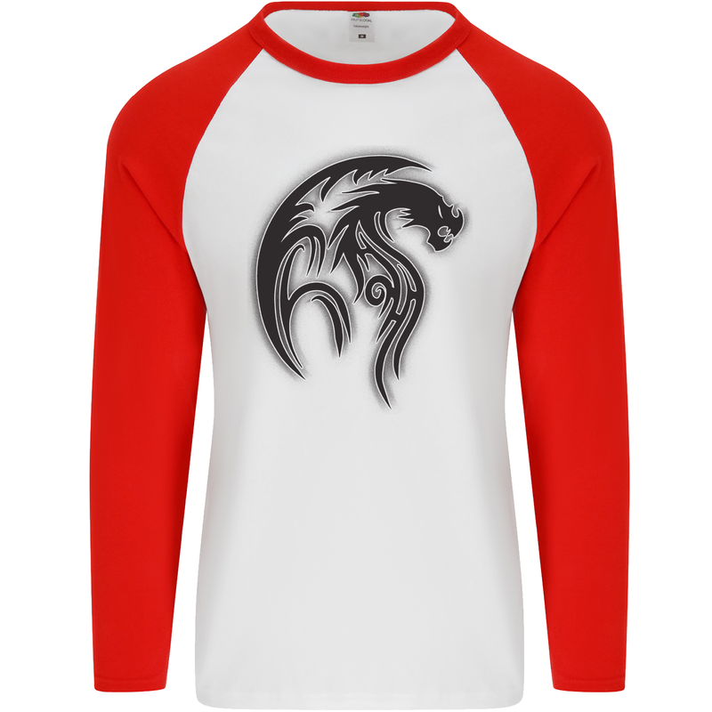 Black Tribal Tattoo Style Dragon Mens L/S Baseball T-Shirt White/Red