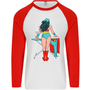 Ironing Superhero Funny Mens L/S Baseball T-Shirt White/Red
