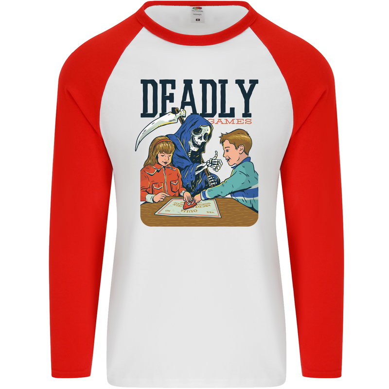 Deadly Games Ouija Board For Kids Grim Reaper Mens L/S Baseball T-Shirt White/Red