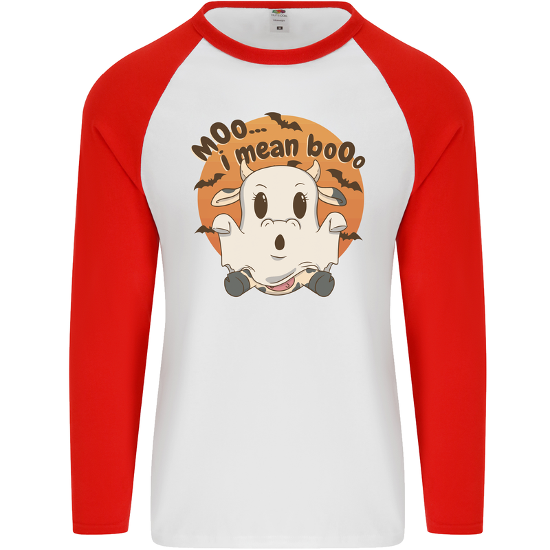 Moo I Mean Boo Funny Cow Halloween Mens L/S Baseball T-Shirt White/Red