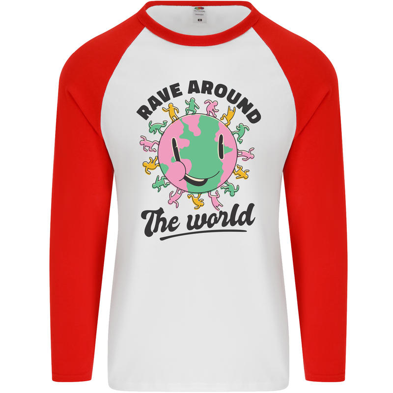 Rave Around the World Dance Music Acid Raver Mens L/S Baseball T-Shirt White/Red