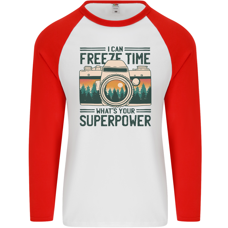 Freeze Time Photography Photographer Mens L/S Baseball T-Shirt White/Red