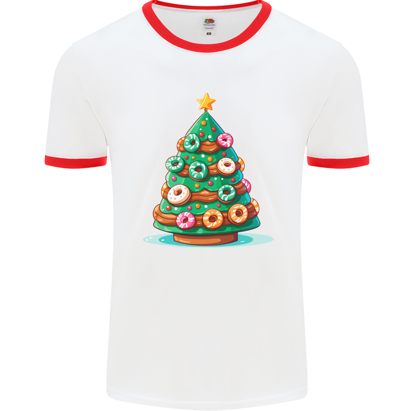 Donut Christmas Tree Funny Xmas Food Mens Ringer T-Shirt White/Red