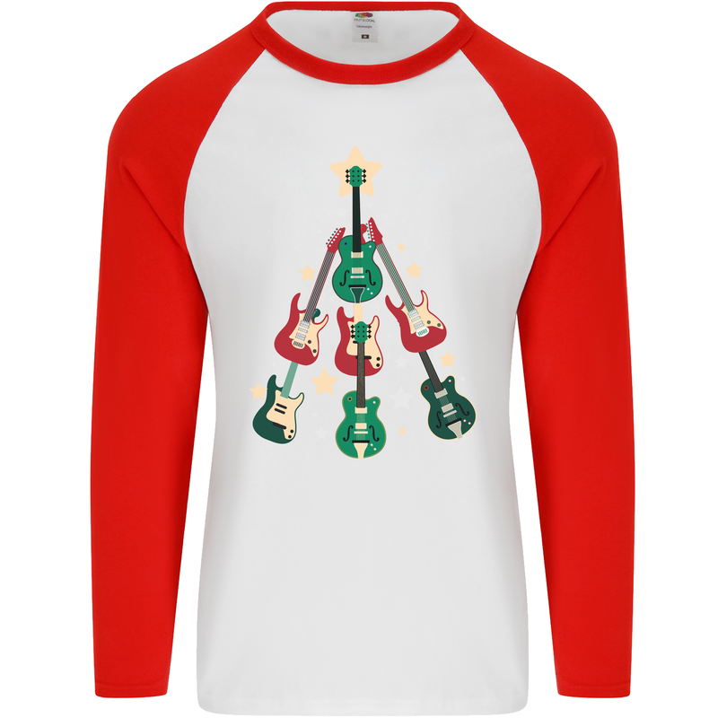 Funny Christmas Guitar Tree Rock Music Mens L/S Baseball T-Shirt White/Red