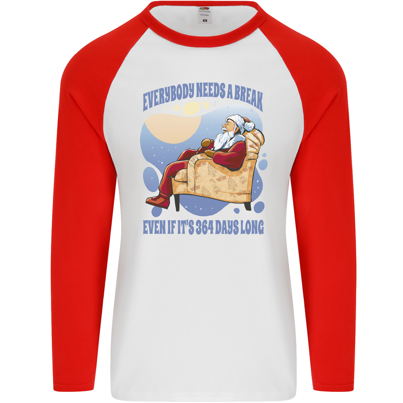 Christmas Santa Claus Needs a Break Xmas Mens L/S Baseball T-Shirt White/Red