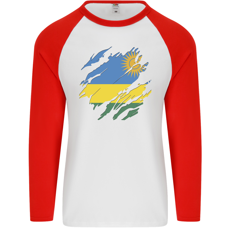 Torn Rwanda Flag Rwandan Day Football Mens L/S Baseball T-Shirt White/Red