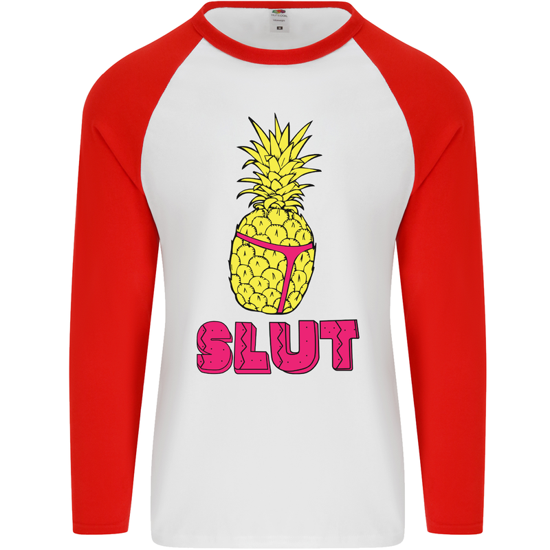 Pineapple Slut Funny Movie Theme Mens L/S Baseball T-Shirt White/Red