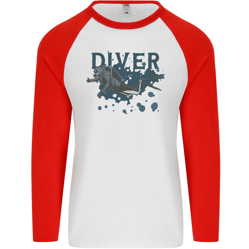 Scuba Diving Diver Mens L/S Baseball T-Shirt White/Red