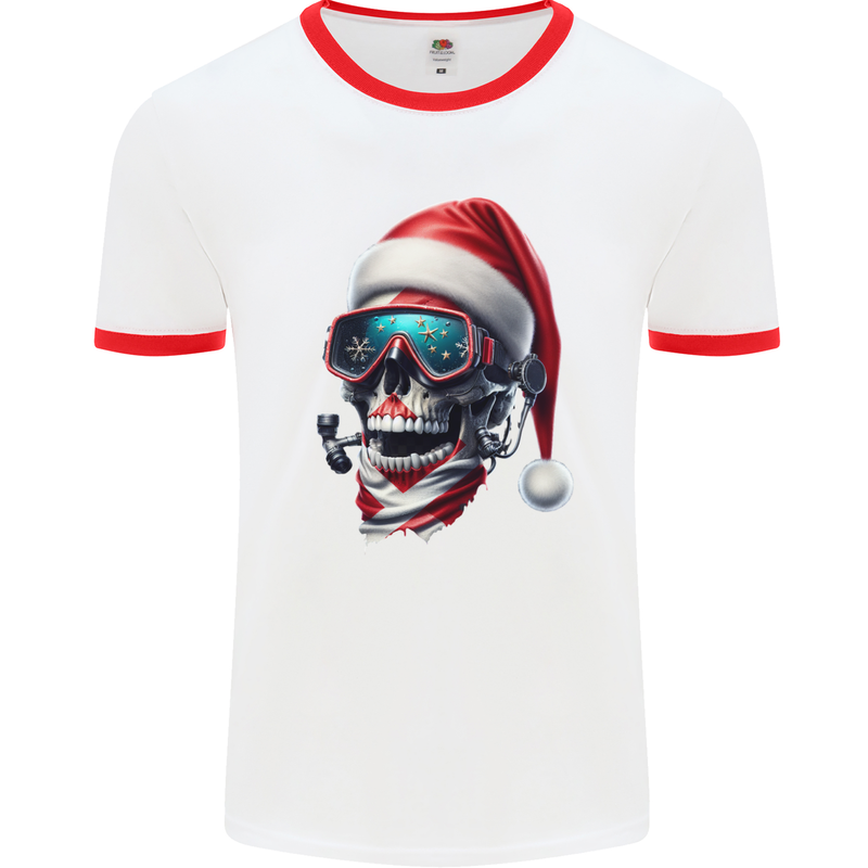 Christmas Scuba Diving Skull Xmas Hat Mens Ringer T-Shirt White/Red