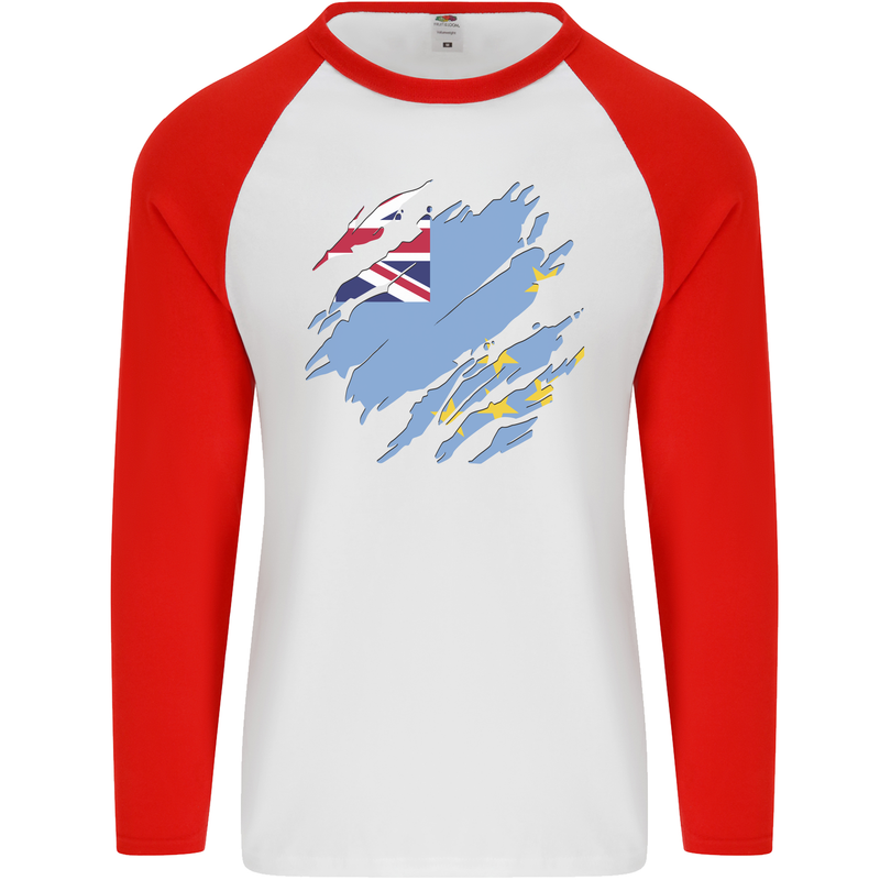 Torn Tuvalu Flag Tuvaluan Day Football Mens L/S Baseball T-Shirt White/Red