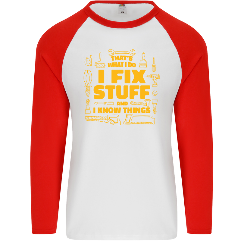 I Fix Stuff Funny Carpenter DIY Tradesman Mens L/S Baseball T-Shirt White/Red