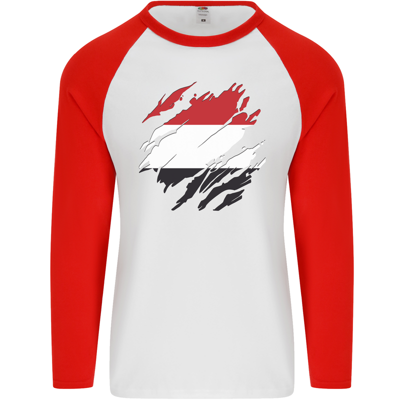 Torn Yemen Flag Yemeni Day Football Mens L/S Baseball T-Shirt White/Red