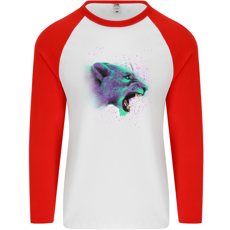 A Watercolour Lion Mens L/S Baseball T-Shirt White/Red