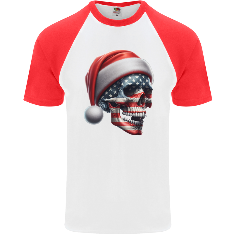 USA Christmas Skull Xmas American Flag Biker Mens S/S Baseball T-Shirt White/Red