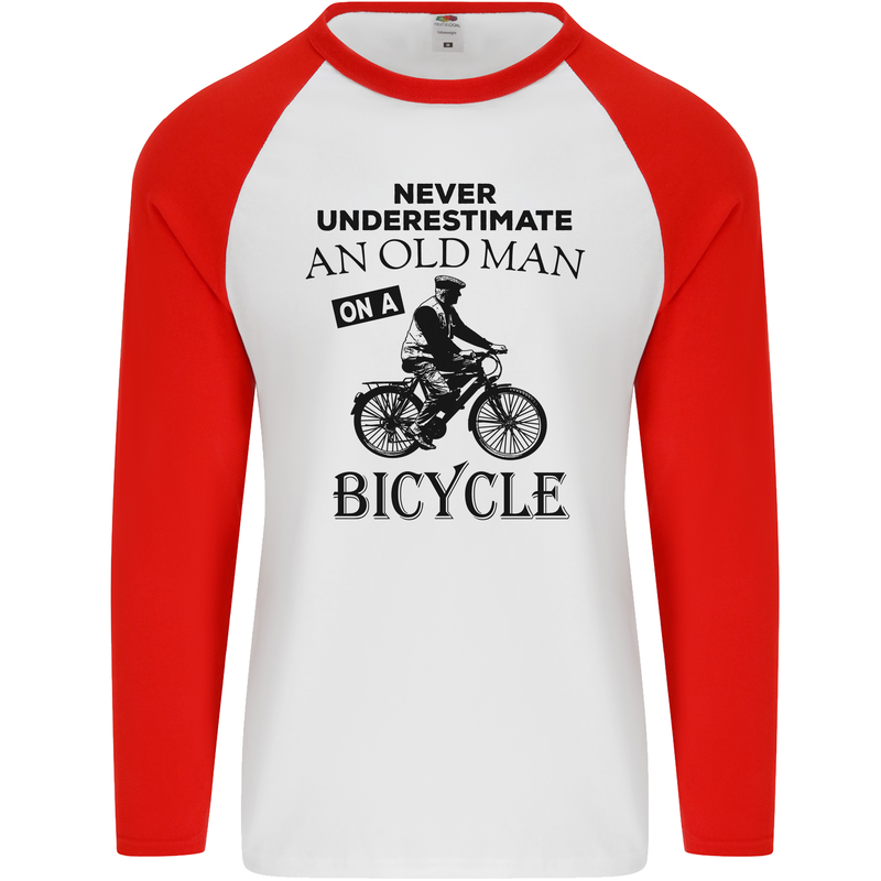 Cycling Never Underestimate Old Man Mens L/S Baseball T-Shirt White/Red