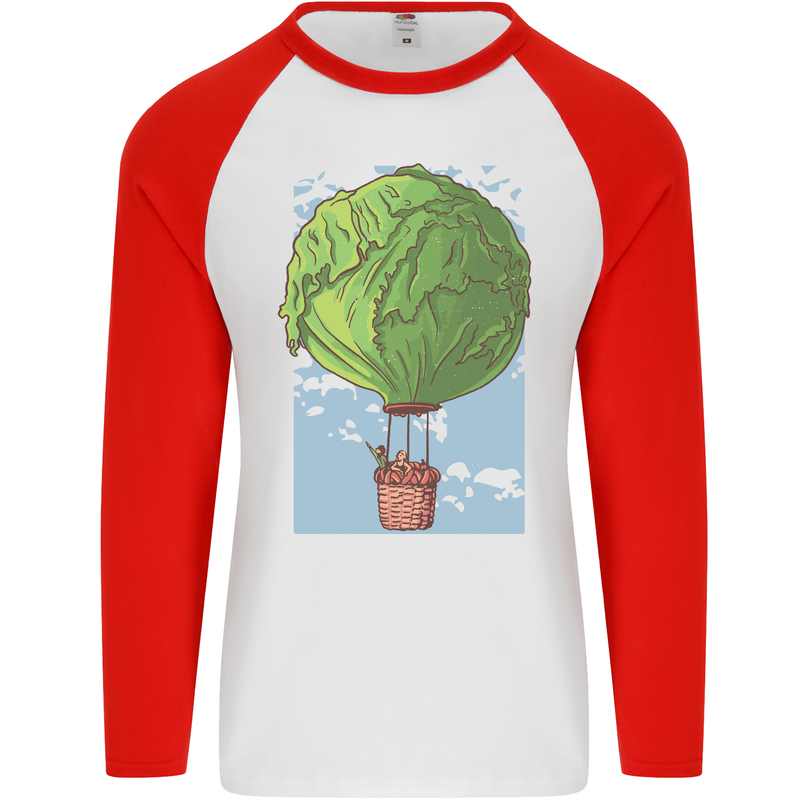 Funny Lettuce Hot Air Balloon Mens L/S Baseball T-Shirt White/Red