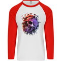 Skull With Spider Flowers and Spider Mens L/S Baseball T-Shirt White/Red