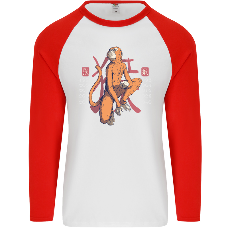 Chinese Zodiac Shengxiao Year of the Monkey Mens L/S Baseball T-Shirt White/Red