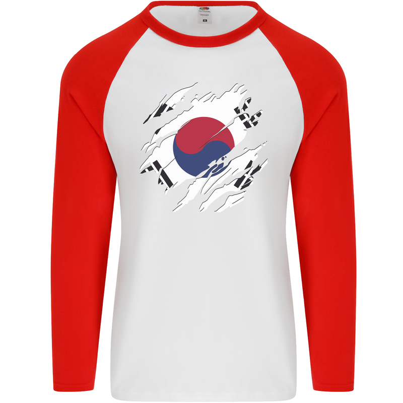 Torn South Korea Flag Korean Day Football Mens L/S Baseball T-Shirt White/Red